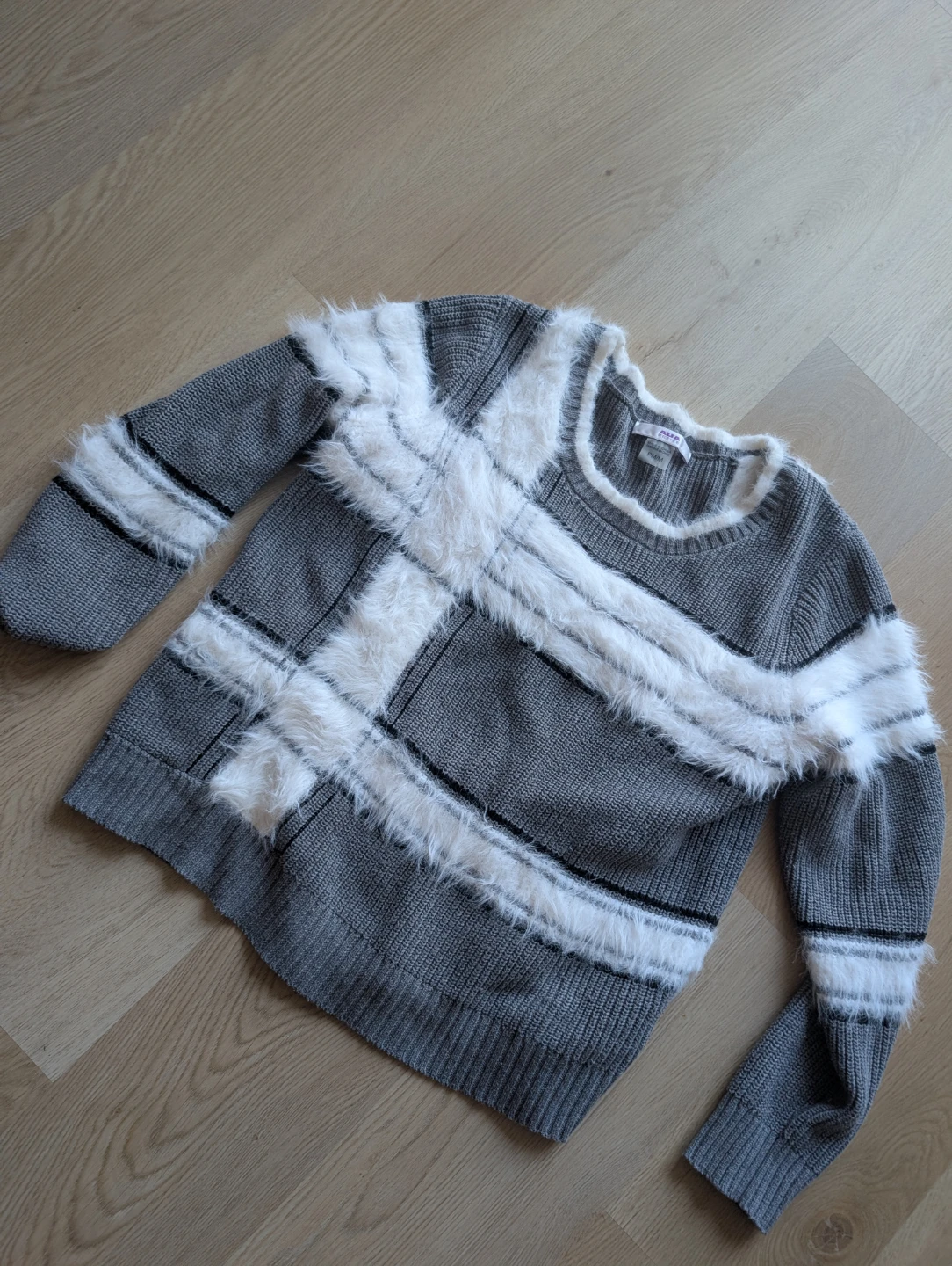 Grey Sweater with White Faux Fur Accent