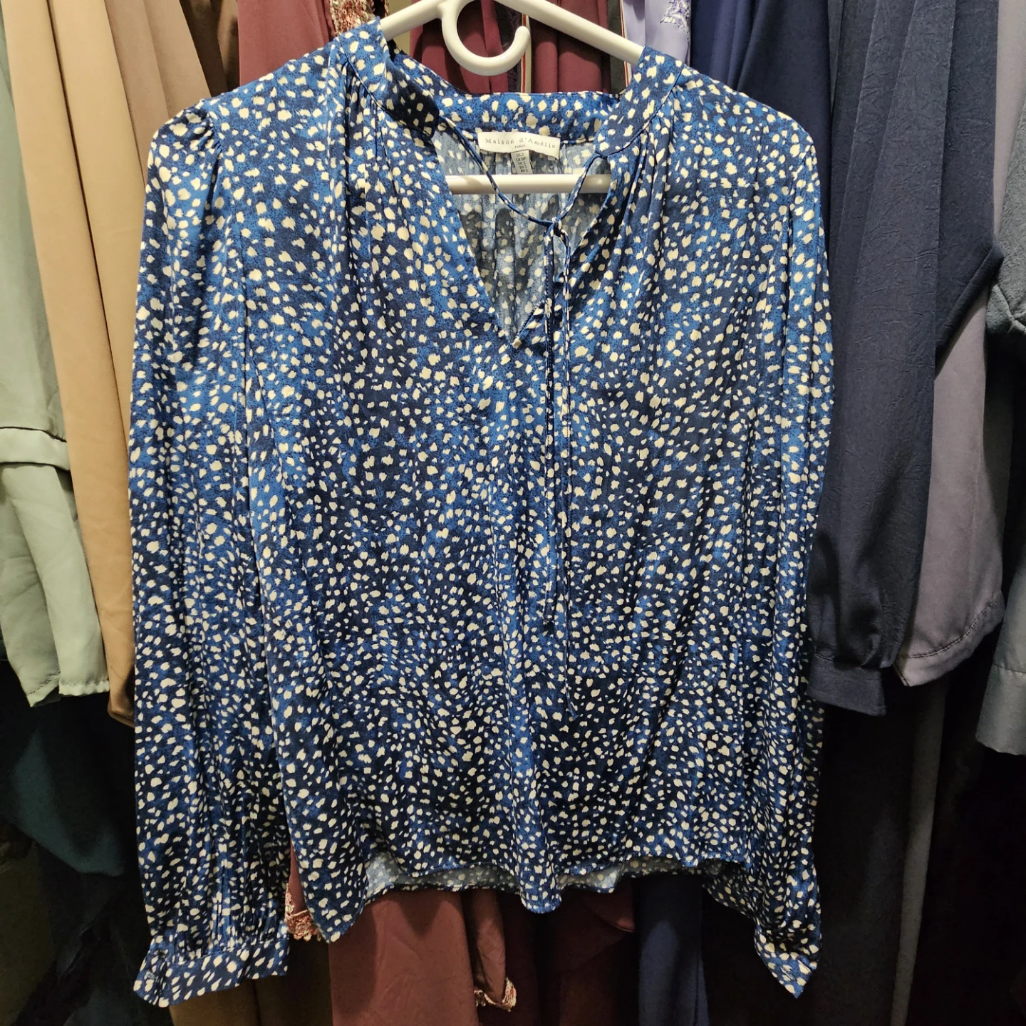 Blue and White Speckled Print Blouse