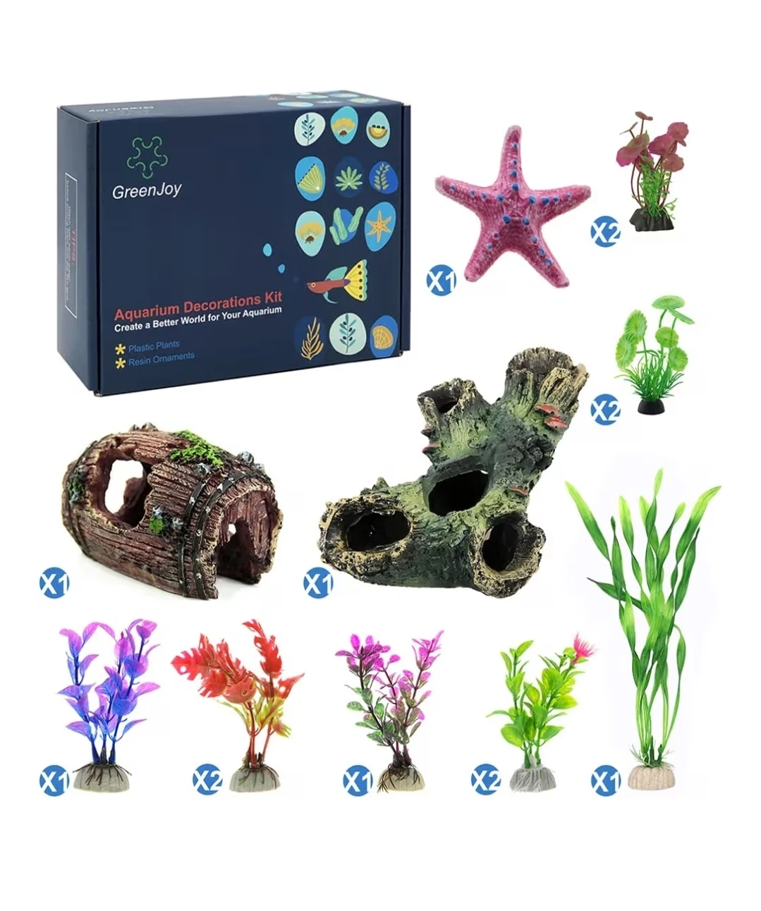 Aquarium Fish Tank Decorations Set | Plants, Cave, Barrel
