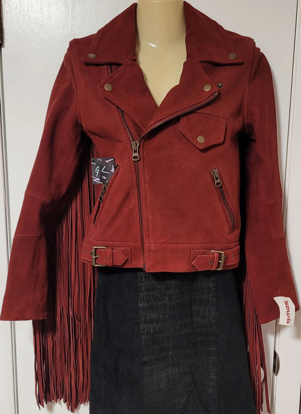 Nasty Gal Red Genuine Suede Fringe Moto Jacket XXS