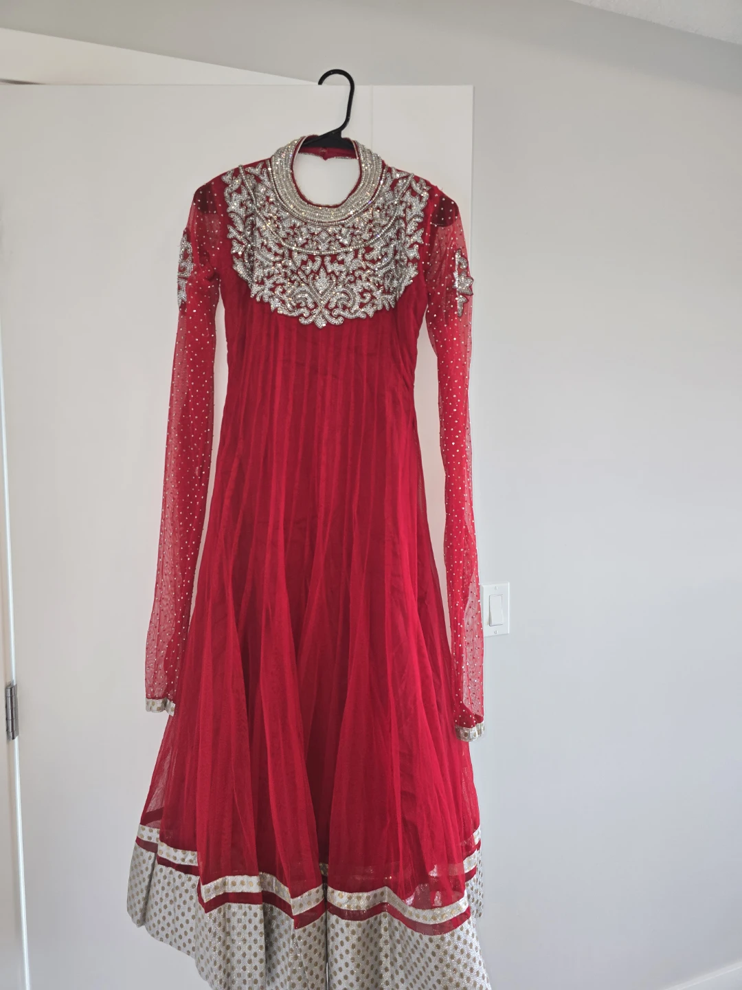 Red Embellished Anarkali Style Dress with churidar and dupatta