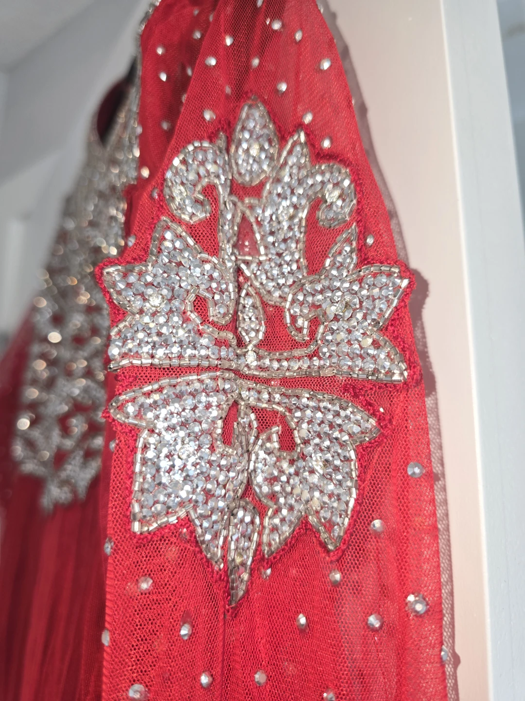Red Embellished Anarkali Style Dress with churidar and dupatta - photo 3