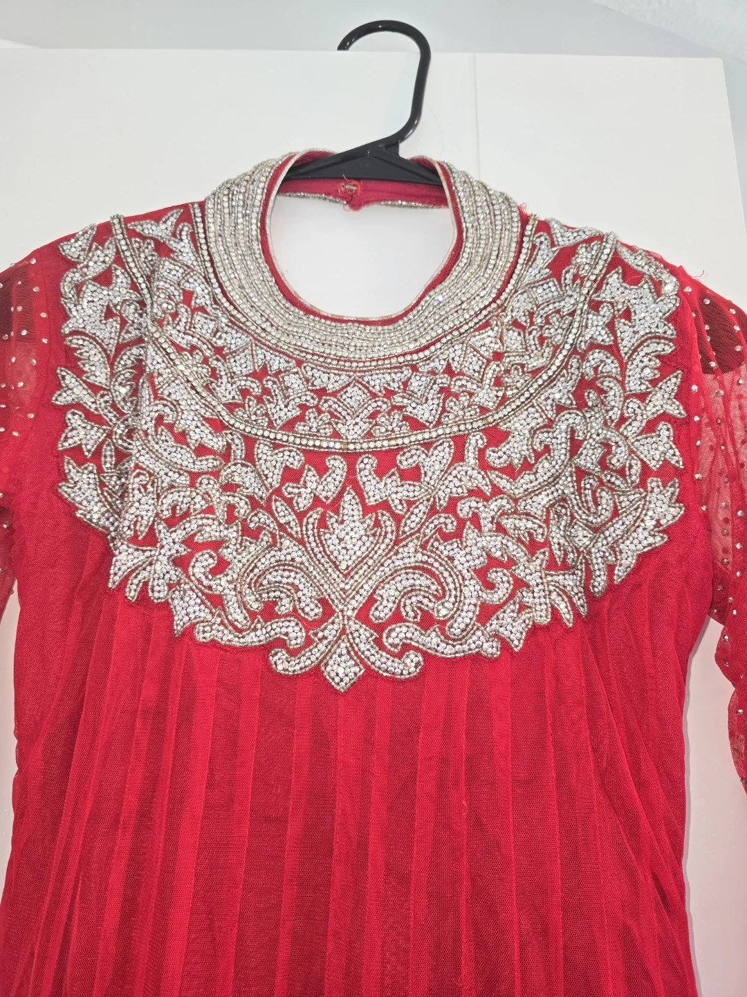 Red Embellished Anarkali Style Dress with churidar and dupatta - photo 2