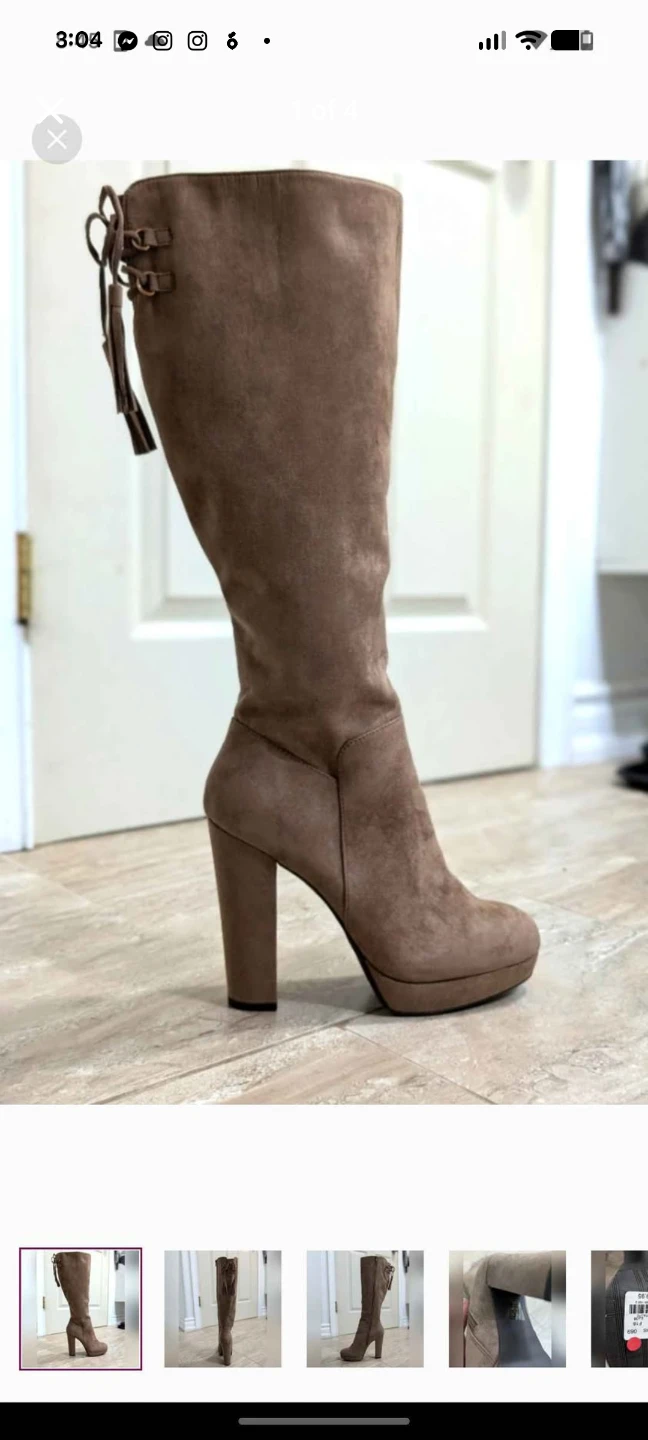 Taupe Suede Lace-Up Knee-High Boots - Size EUR 38