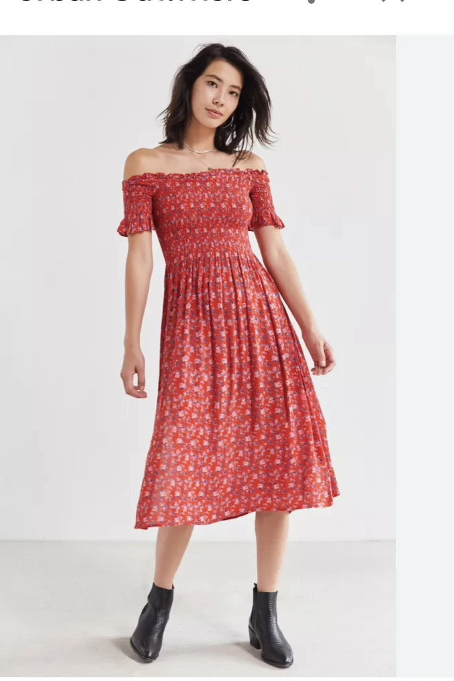 Red Floral Smocked Off-the-Shoulder Midi Dress