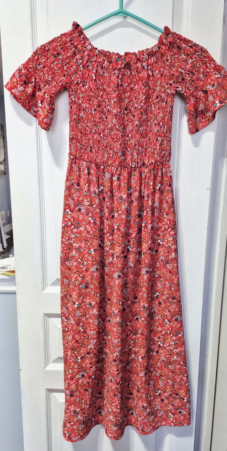 Red Floral Smocked Off-the-Shoulder Midi Dress - photo 3