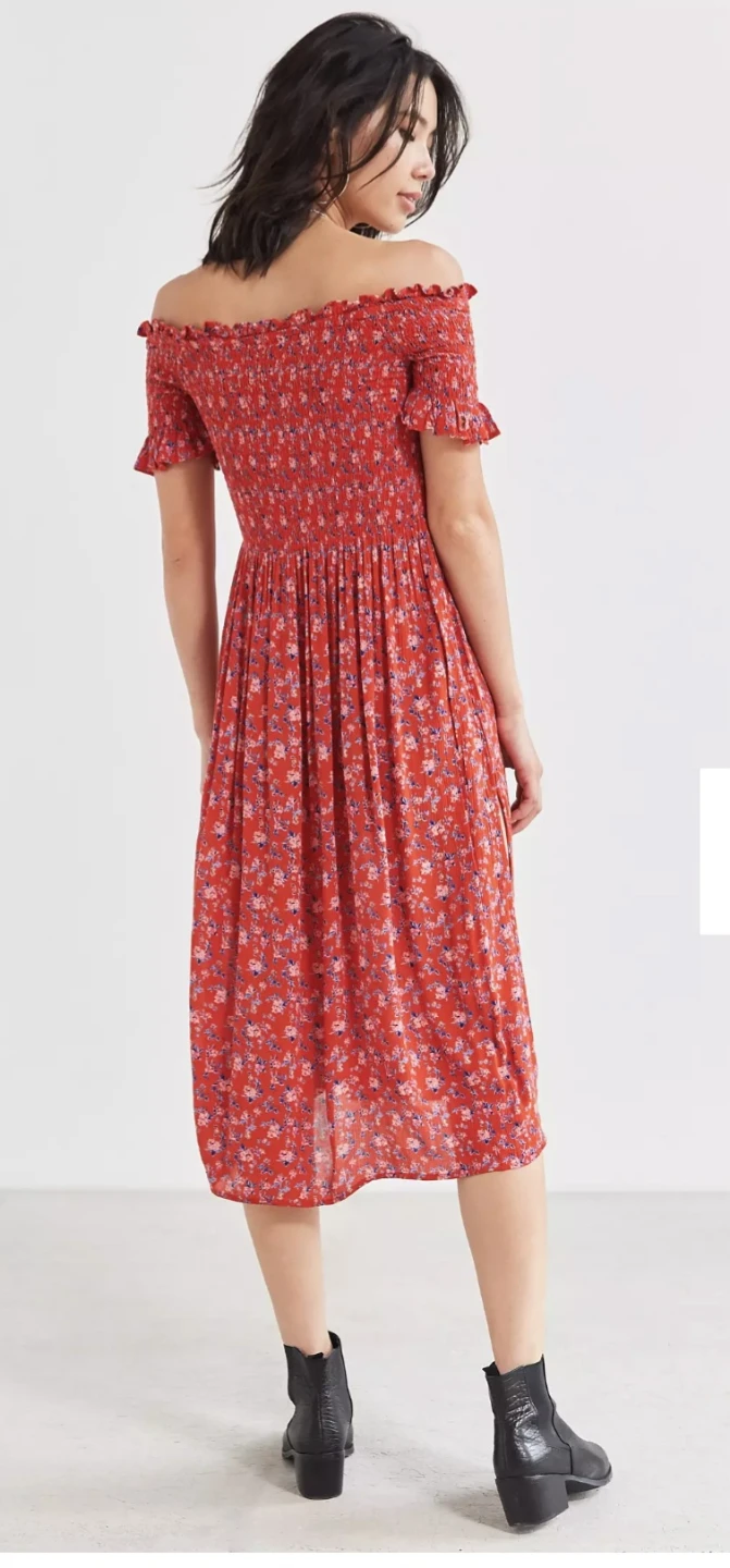 Red Floral Smocked Off-the-Shoulder Midi Dress - photo 4