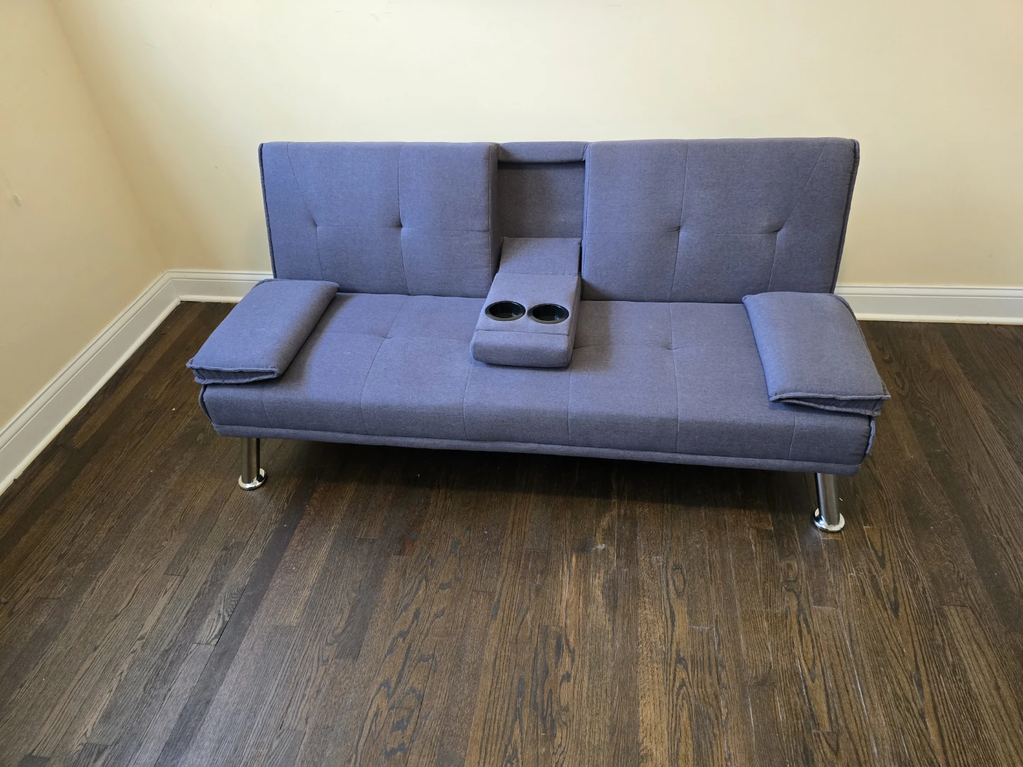 Blue Futon Sofa with Cup Holders