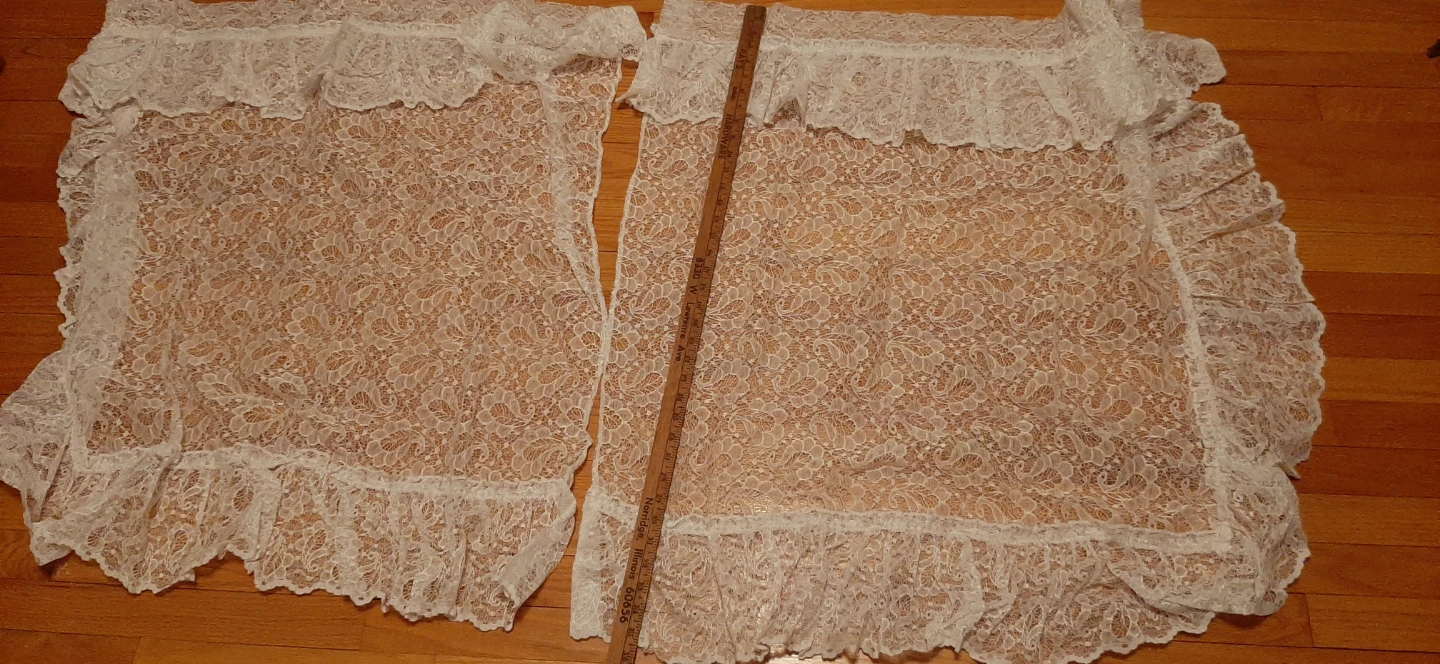 2 lace curtains, ruffled edges & tie backs