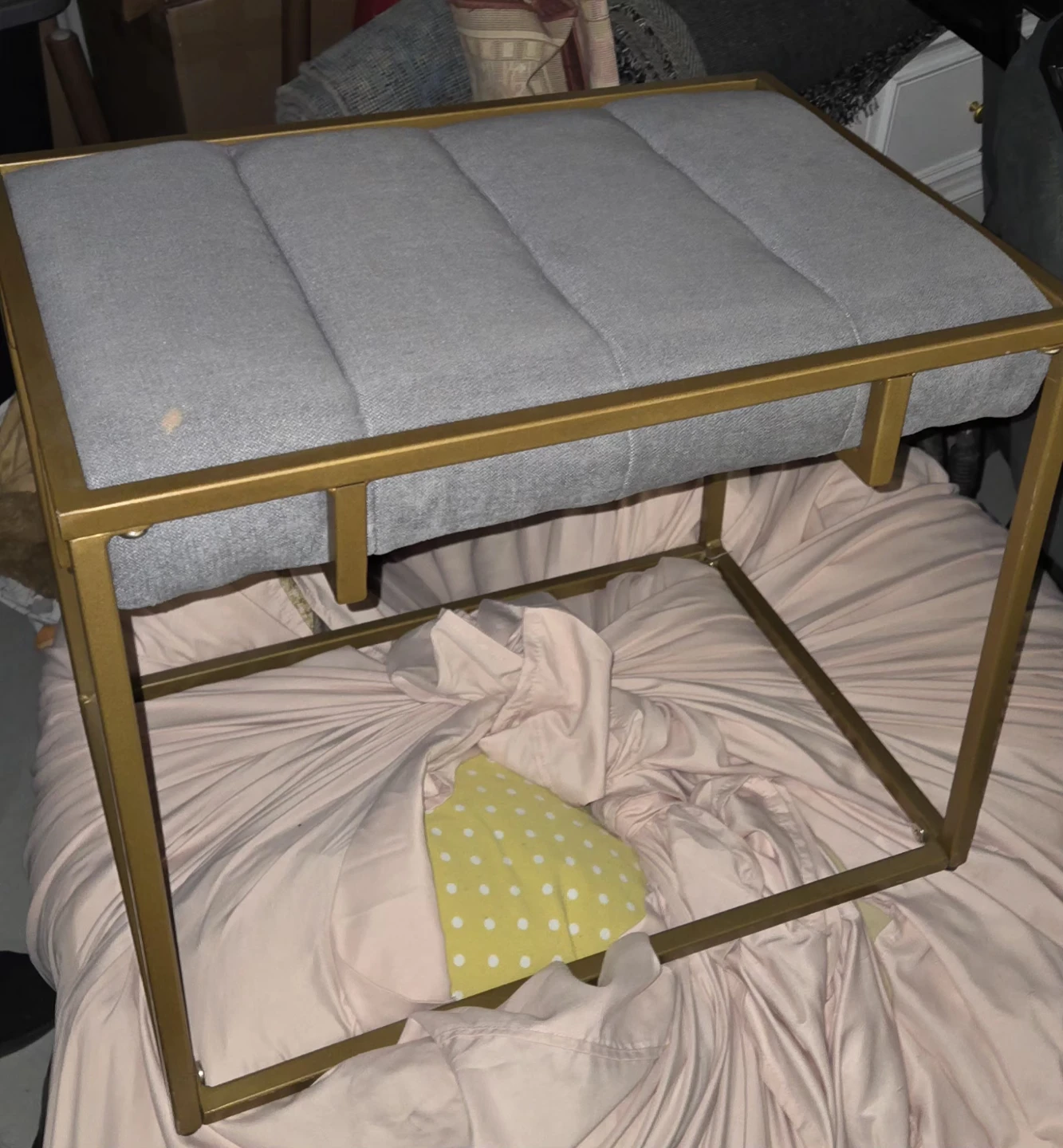 Grey Upholstered Ottoman with Gold Frame