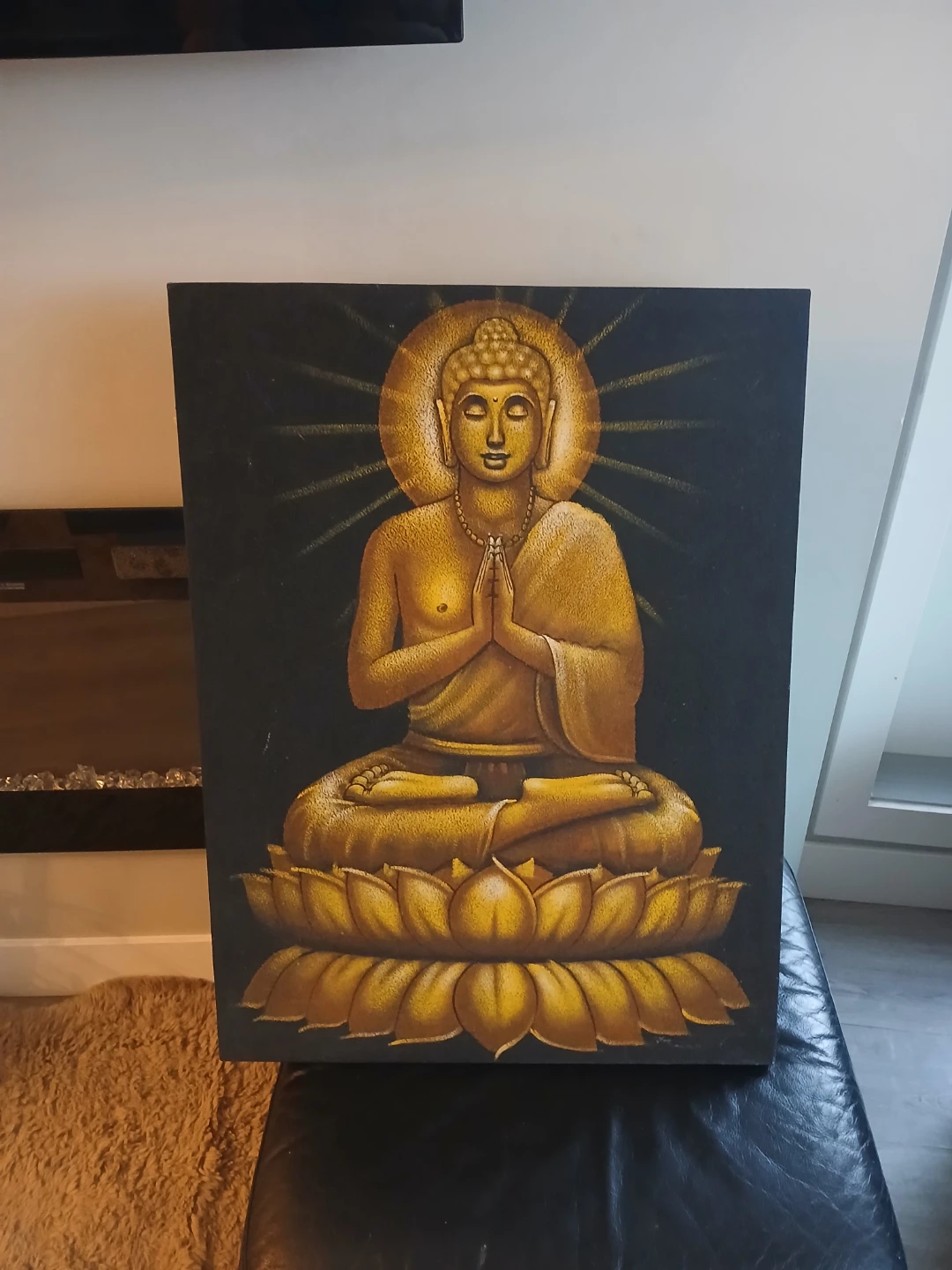 Golden Lotus Buddha Painting on Black Canvas