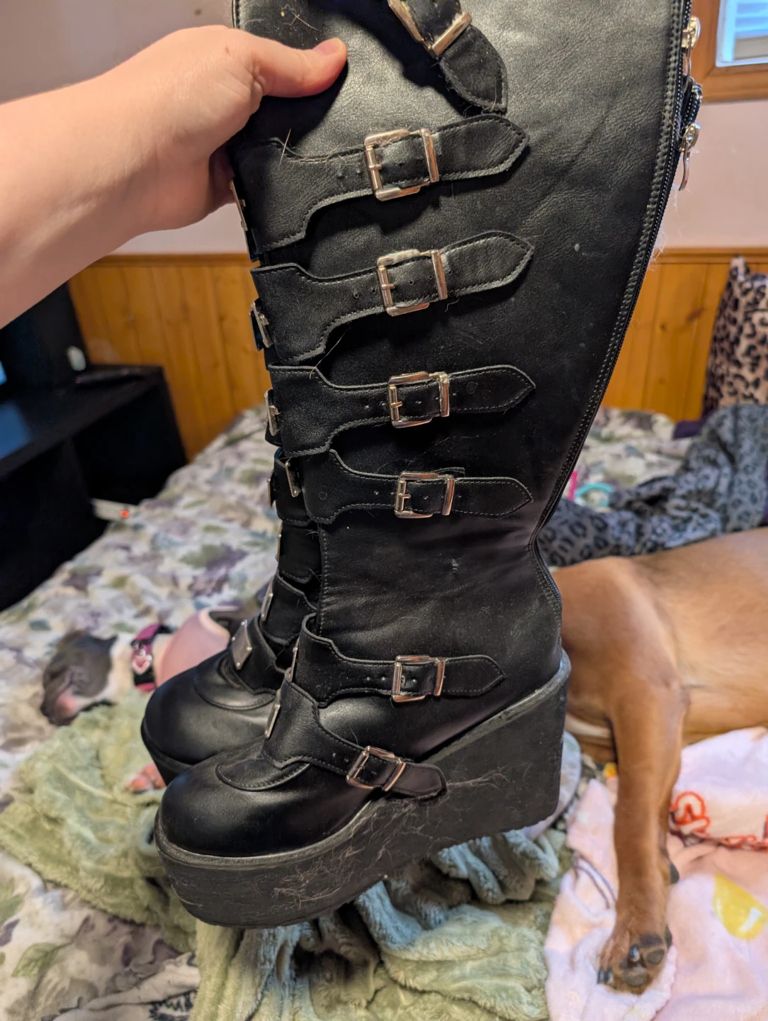 Black Platform Wedge Boots with Buckles