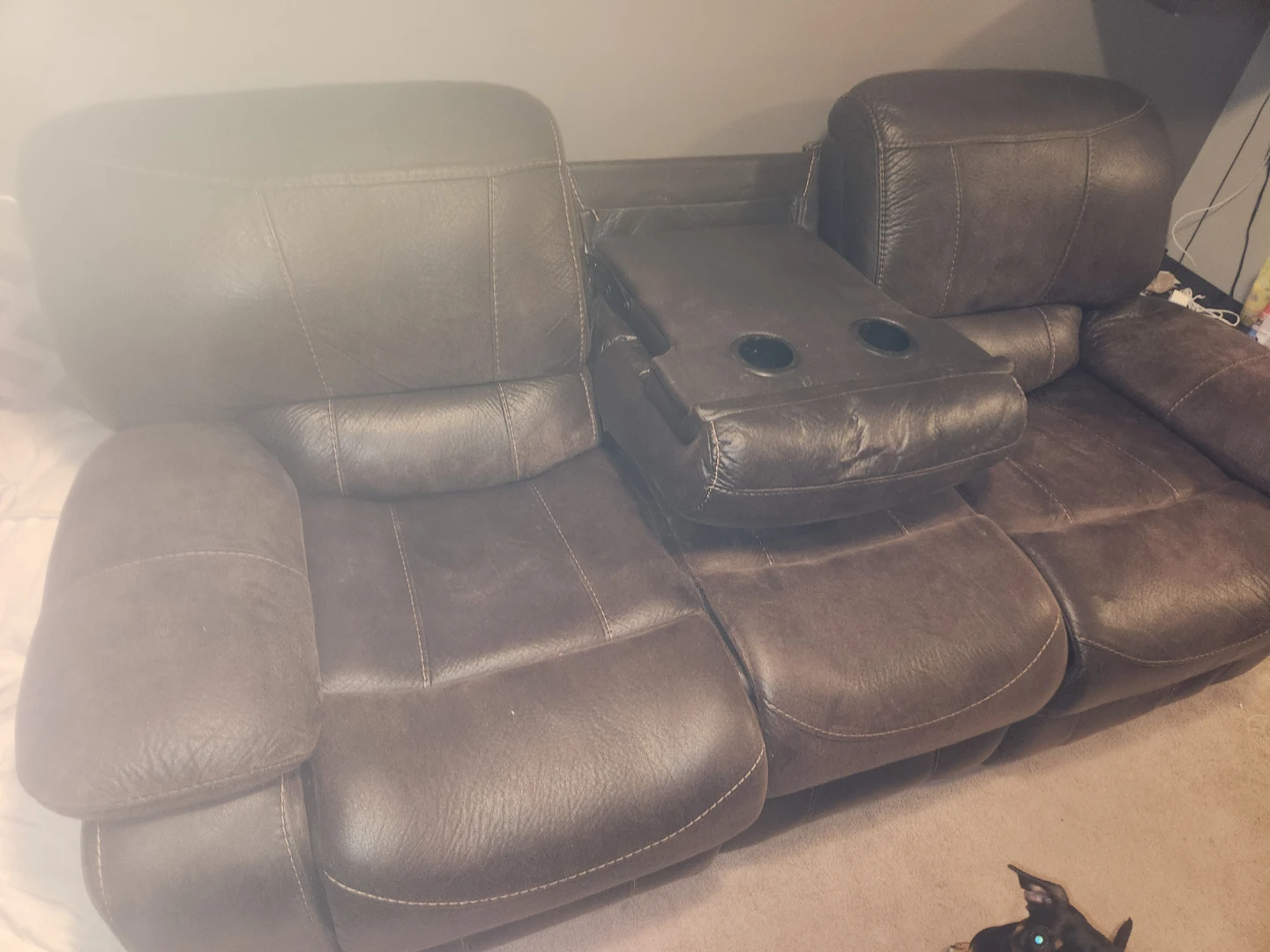 Brown Leather Reclining Sofa with Cup Holders - photo 3