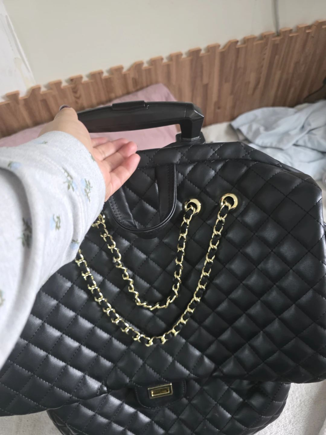 Black Quilted Rolling Backpack with Gold Chain - photo 2
