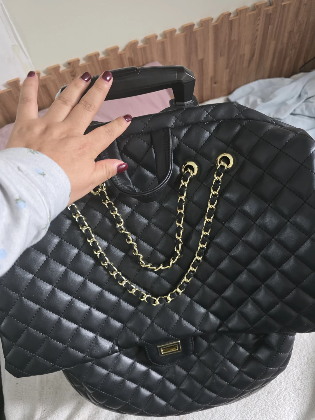 Black Quilted Rolling Backpack with Gold Chain - photo 4