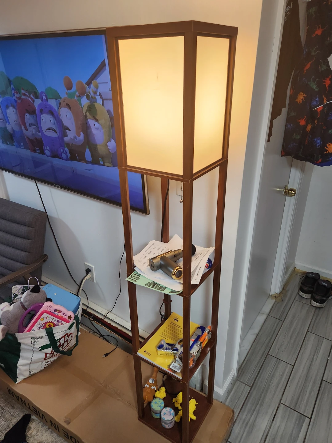 Wooden Floor Lamp with Shelves