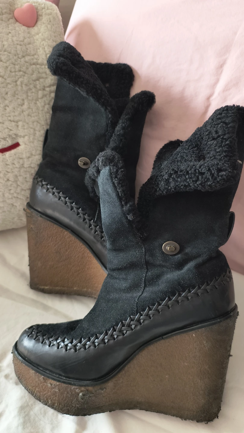 Black Suede Wedge Boots with Shearling Trim COACH BOOTS - photo 2
