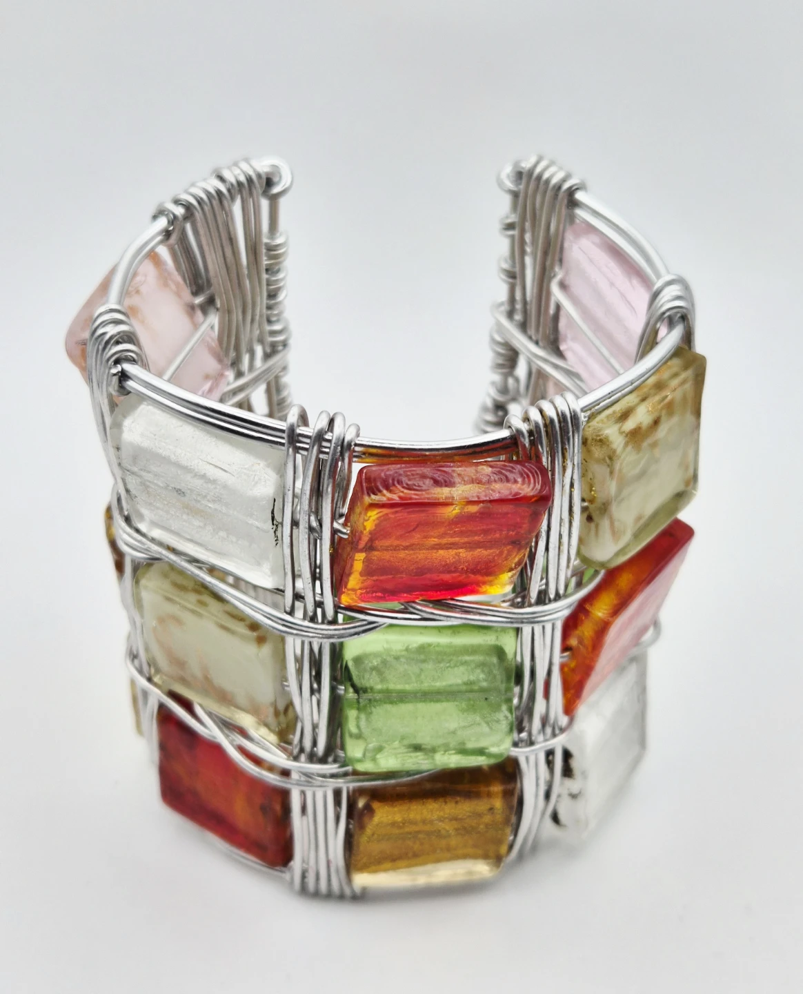 Wire Wrapped Multi-Color Glass Bead Cuff Bracelet