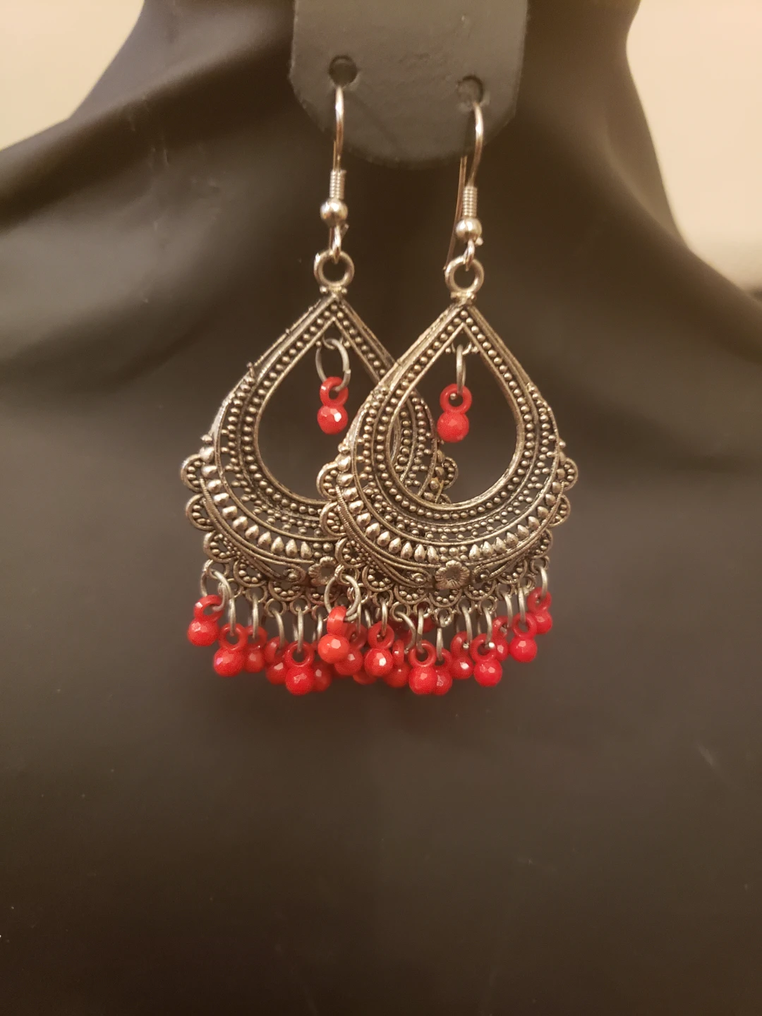 Silver-tone Teardrop Earrings with Red Beads
