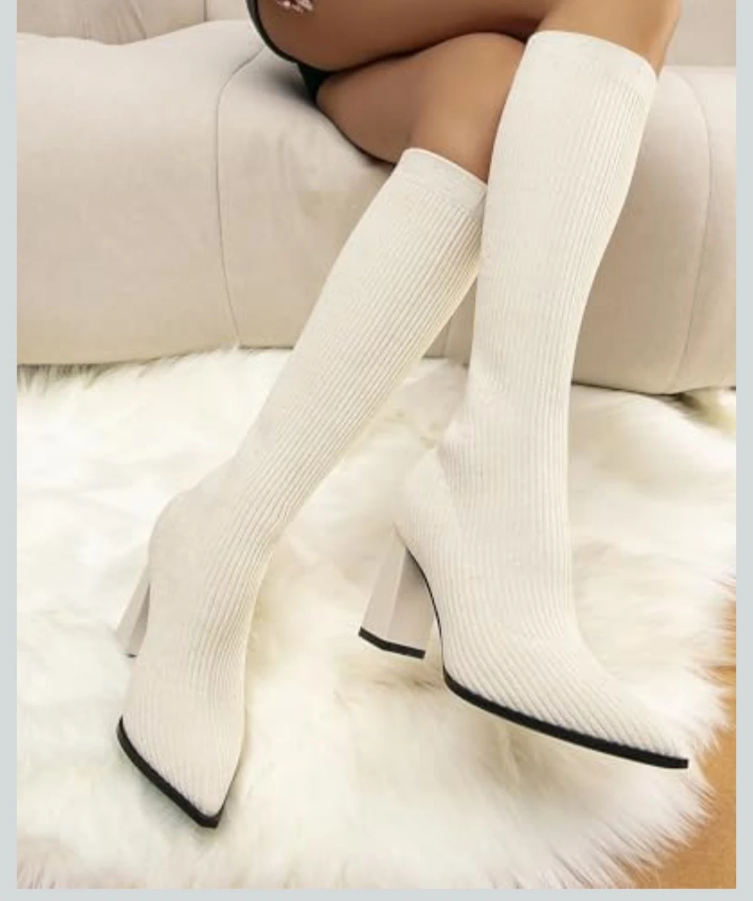 Women's White Knit Pointed Toe Block Heel Boots - photo 3