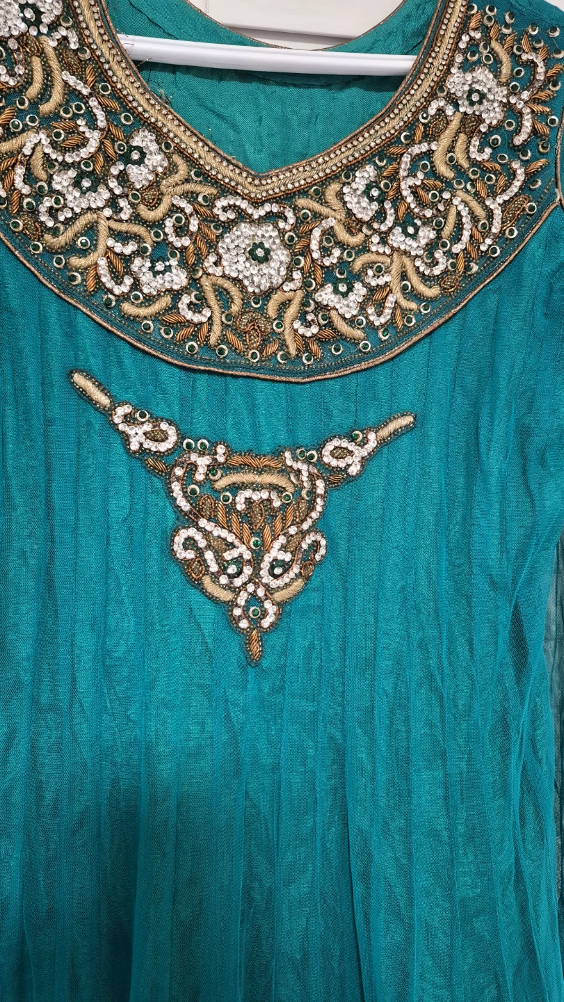 Teal Embroidered Anarkali Suit with Pants and Dupatta