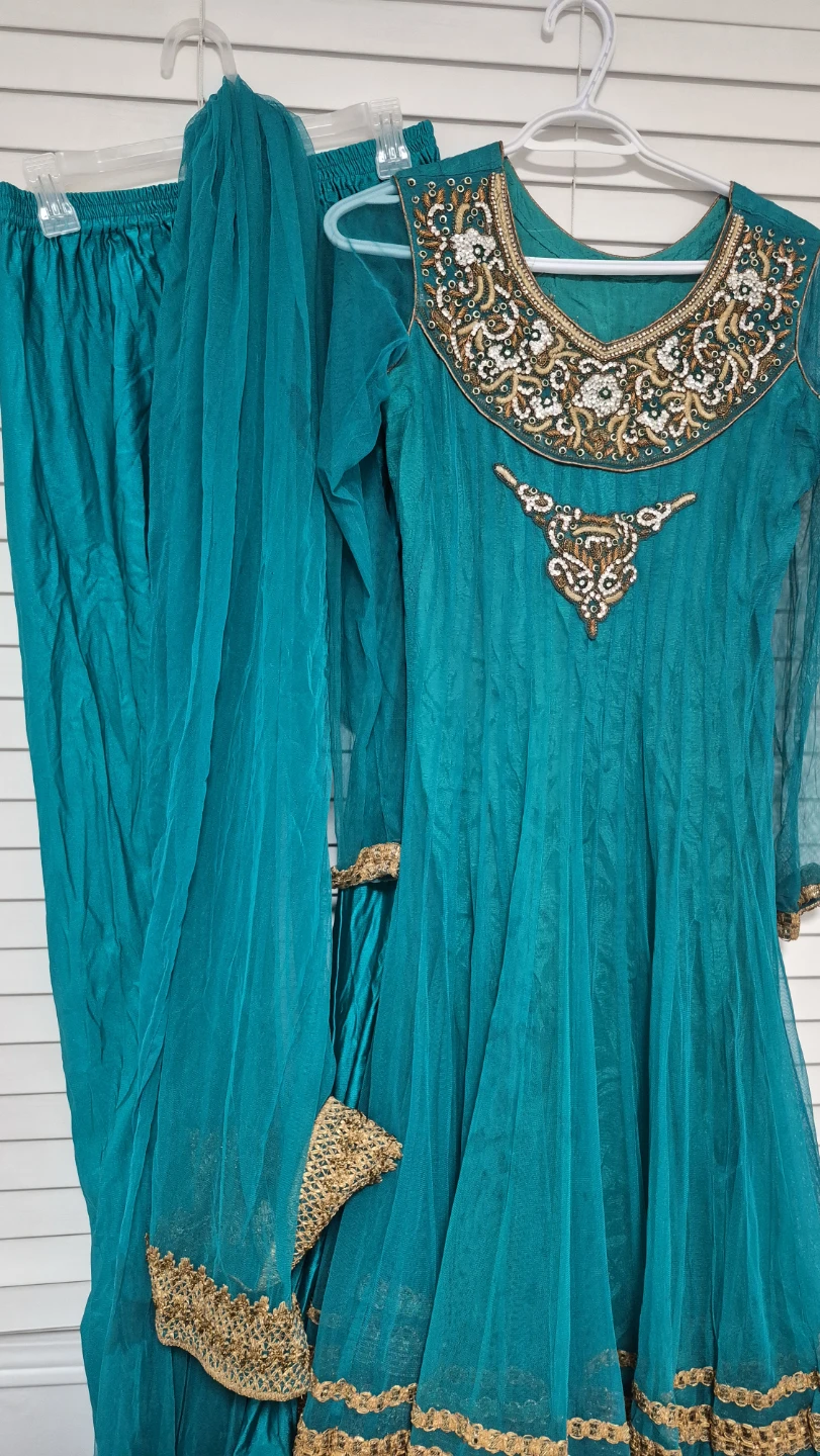 Teal Embroidered Anarkali Suit with Pants and Dupatta - photo 2