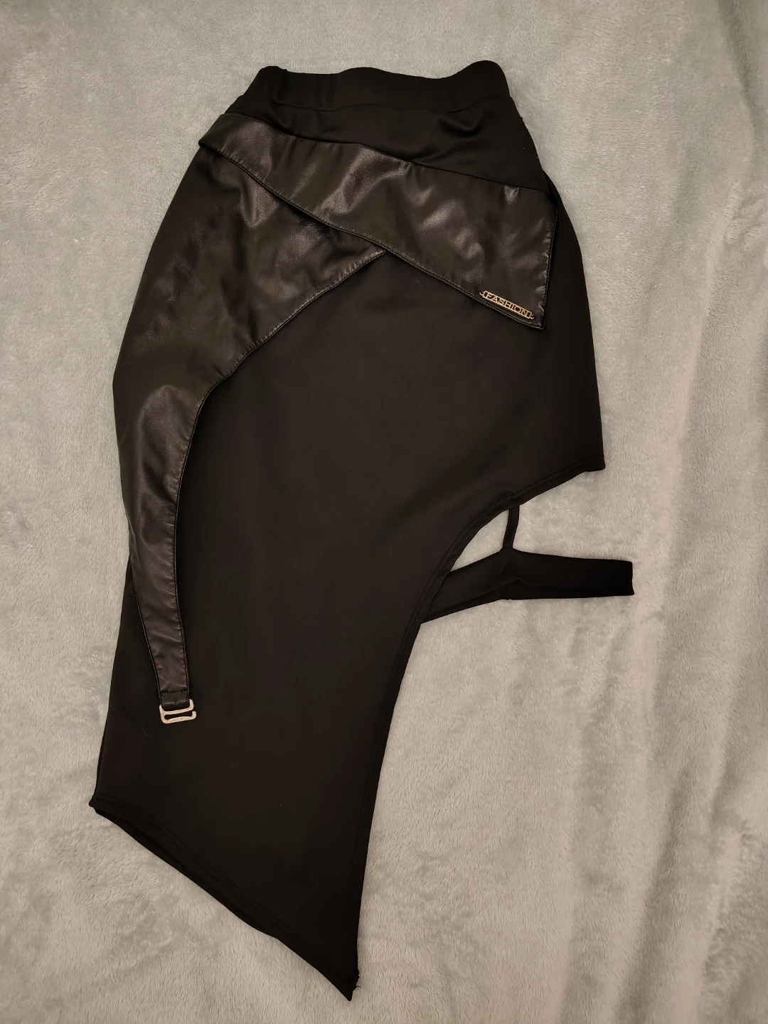 Black Faux Leather Detail Asymmetrical Skirt