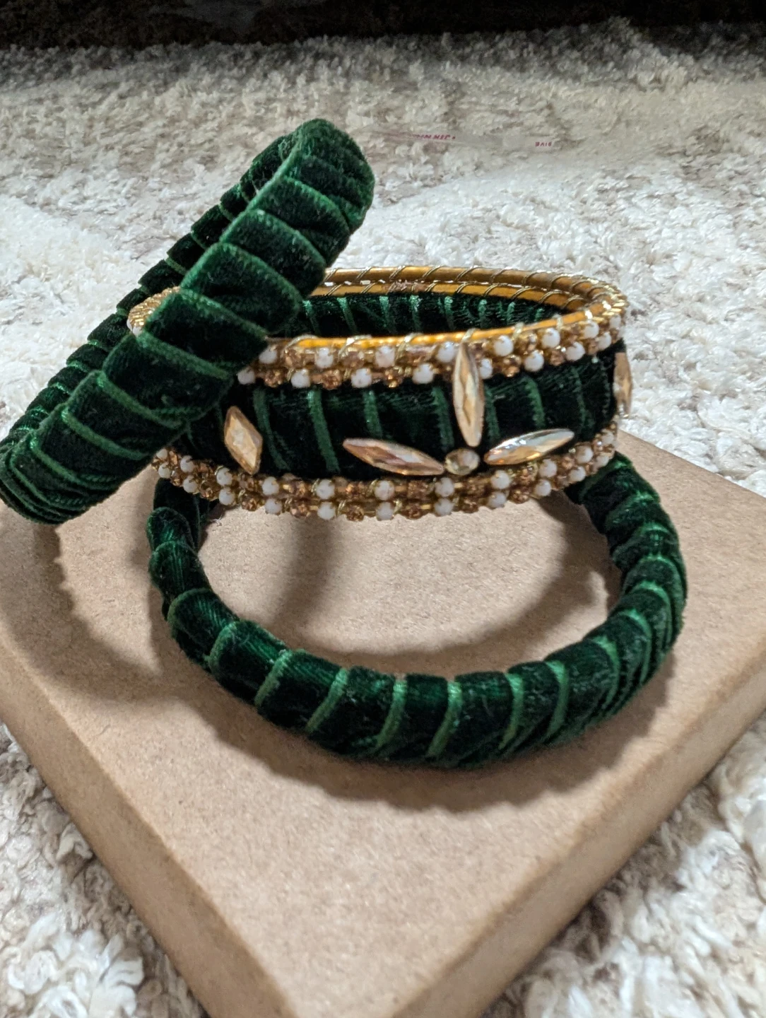 Handmade Green Velvet Beaded Bangles Set with Box - photo 2