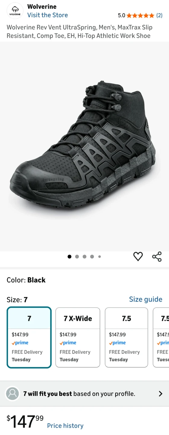 Wolverine Rev Vent UltraSpring Men's Size 7 Black Work Shoes
