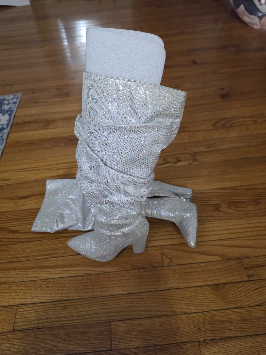 Silver Rhinestone Ruched Slouchy Knee-High Boots