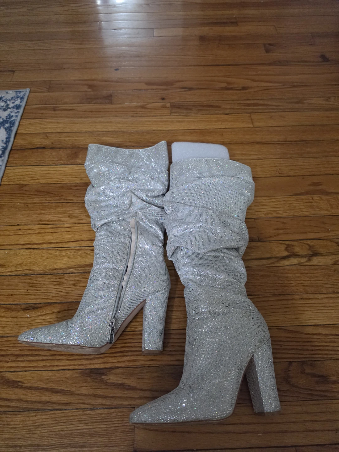 Silver Rhinestone Ruched Slouchy Knee-High Boots - photo 2