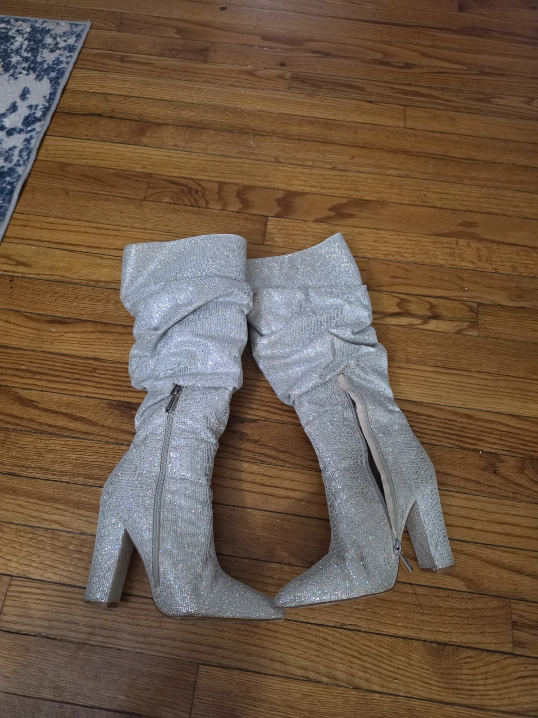 Silver Rhinestone Ruched Slouchy Knee-High Boots - photo 3