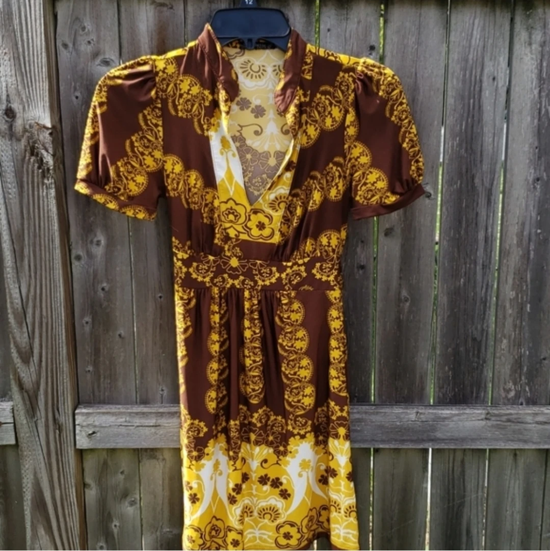 Janette Brown & Yellow Floral Print Midi Dress