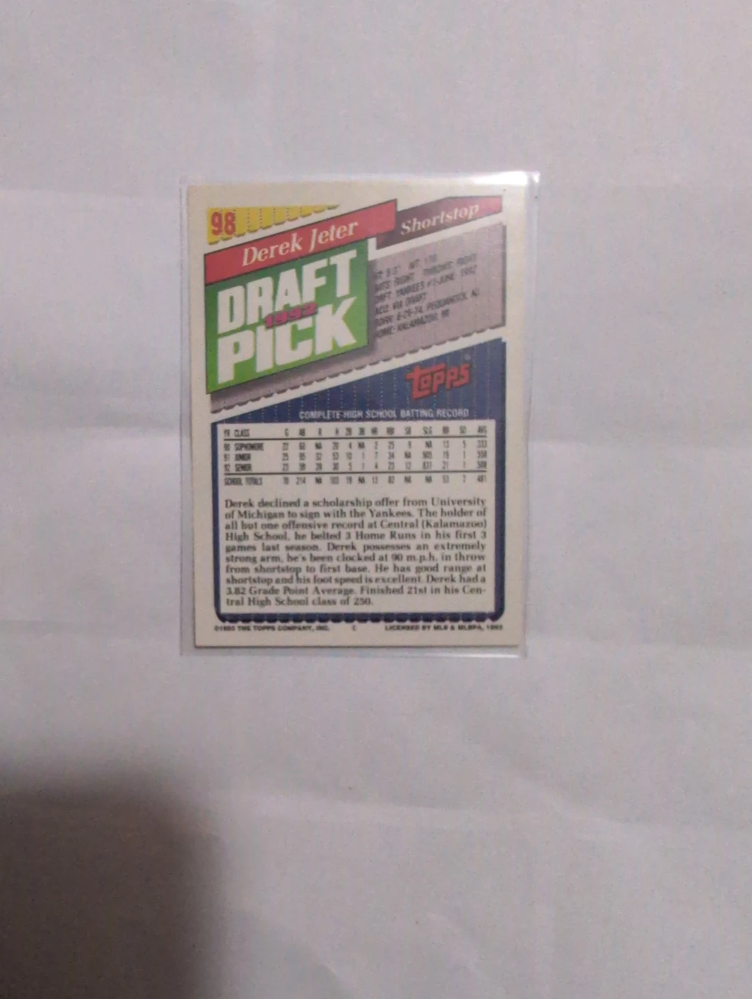 1992 Topps Draft Pick Derek Jeter Baseball Card - photo 2