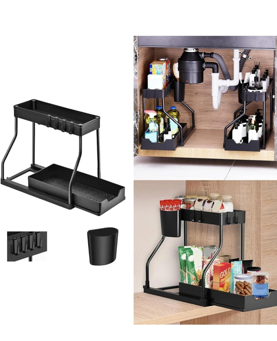 2-Tier Under Sink Organizer with Hanging Cup and Hooks