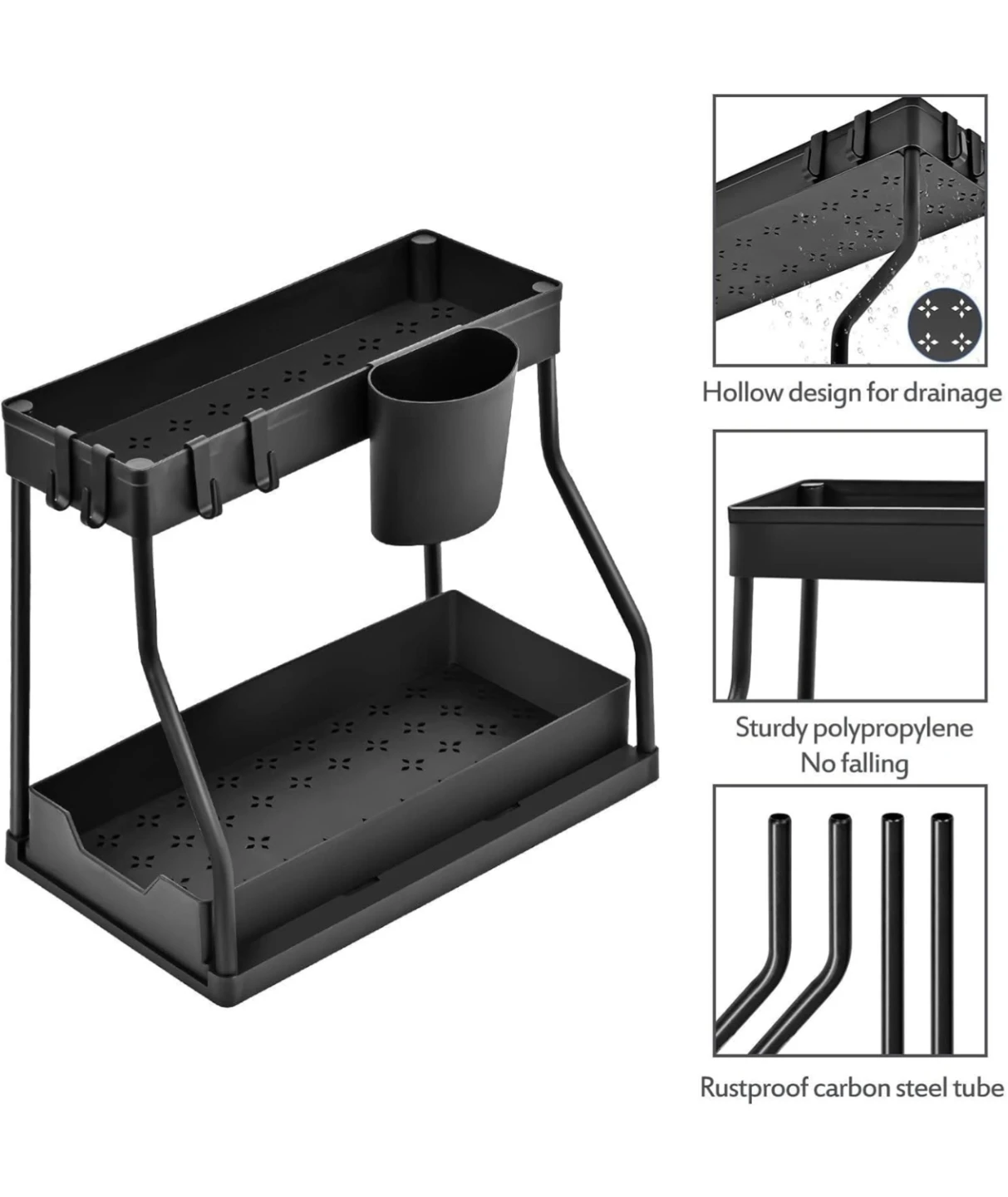 2-Tier Under Sink Organizer with Hanging Cup and Hooks - photo 4