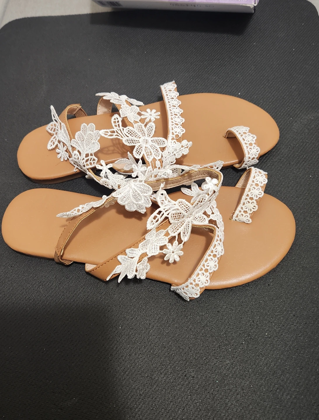 Brown Sandals with White Lace Detail