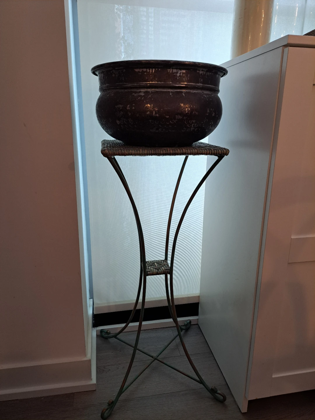 Vintage Hammered Metal Pot with Wicker Top Stand