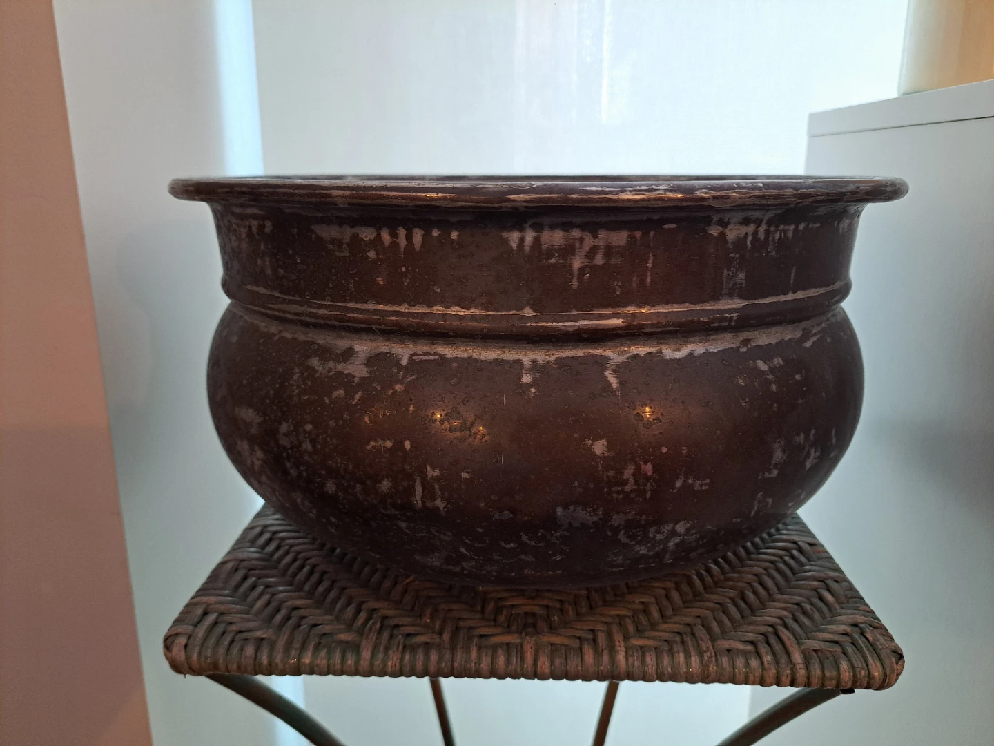 Vintage Hammered Metal Pot with Wicker Top Stand - photo 3