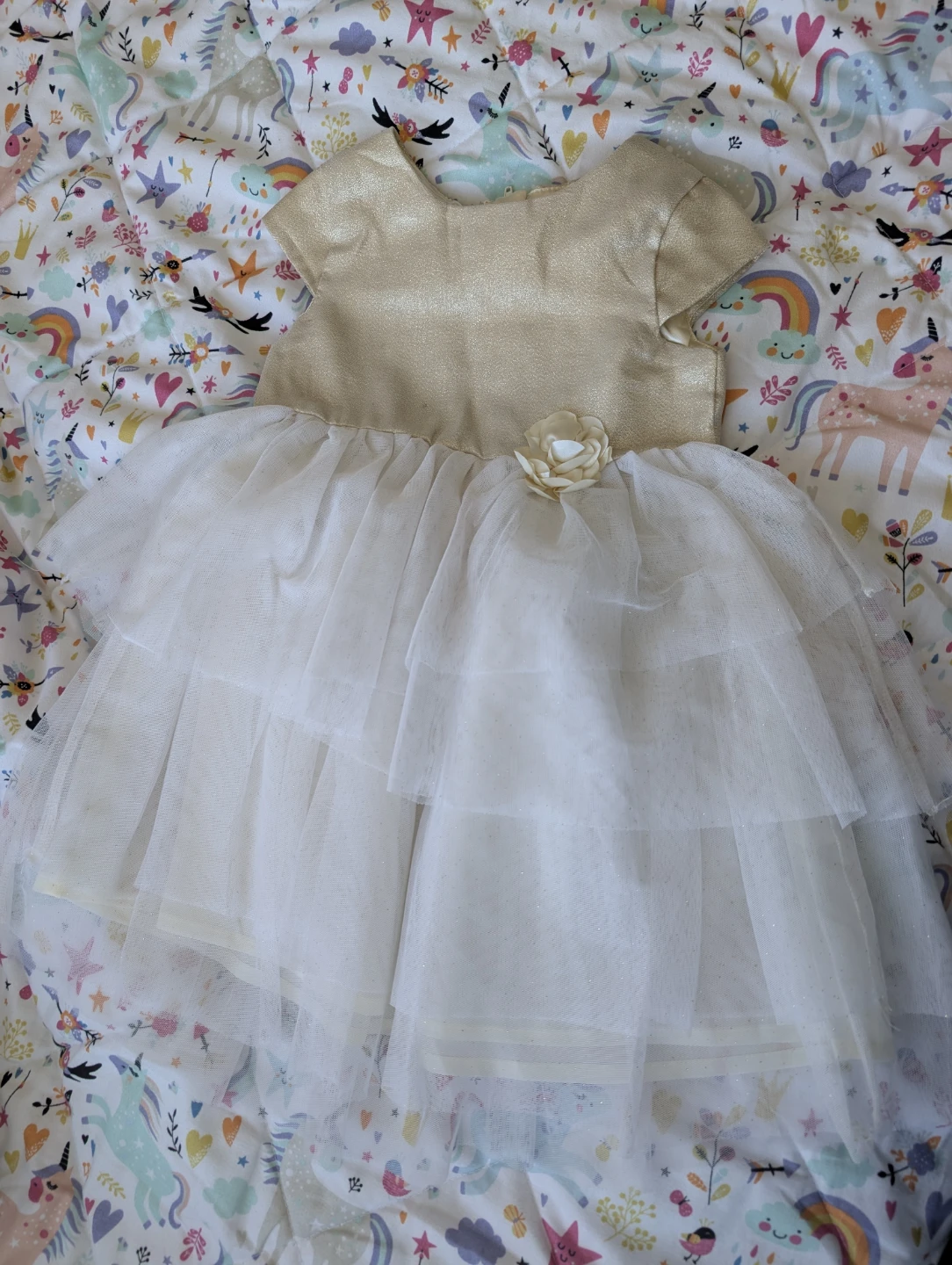 Gold & White Tulle Dress with Flower Detail