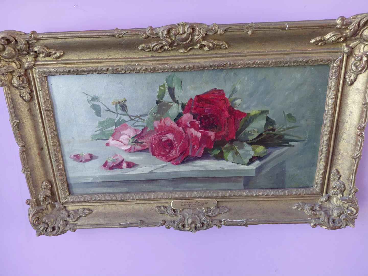 Framed Oil Painting of Roses by Leon Richet