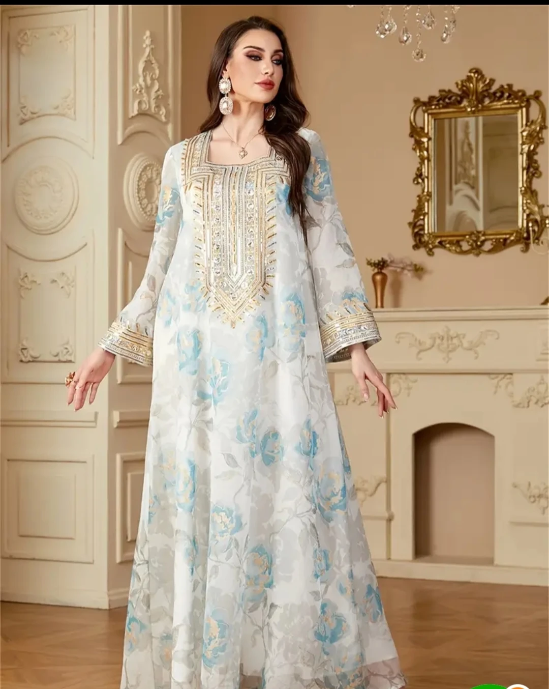 Women's Floral Print Sequins Patchwork Loose Elegant Casua Abaya