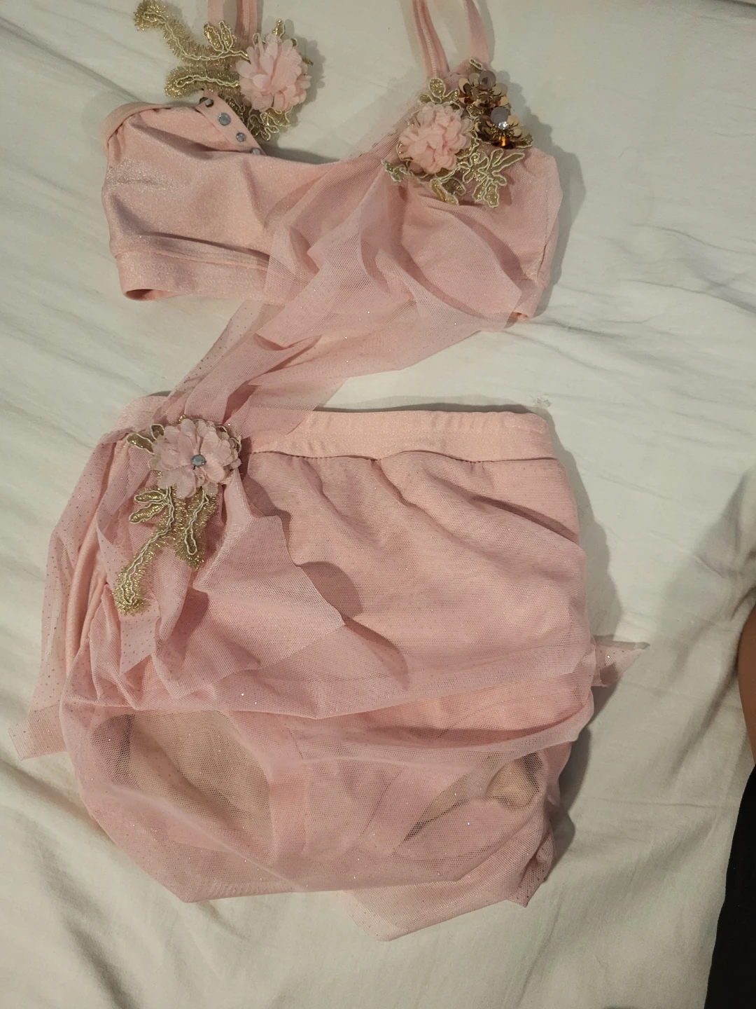 Pink Dance Costume with Tulle Overlay and Embellishments