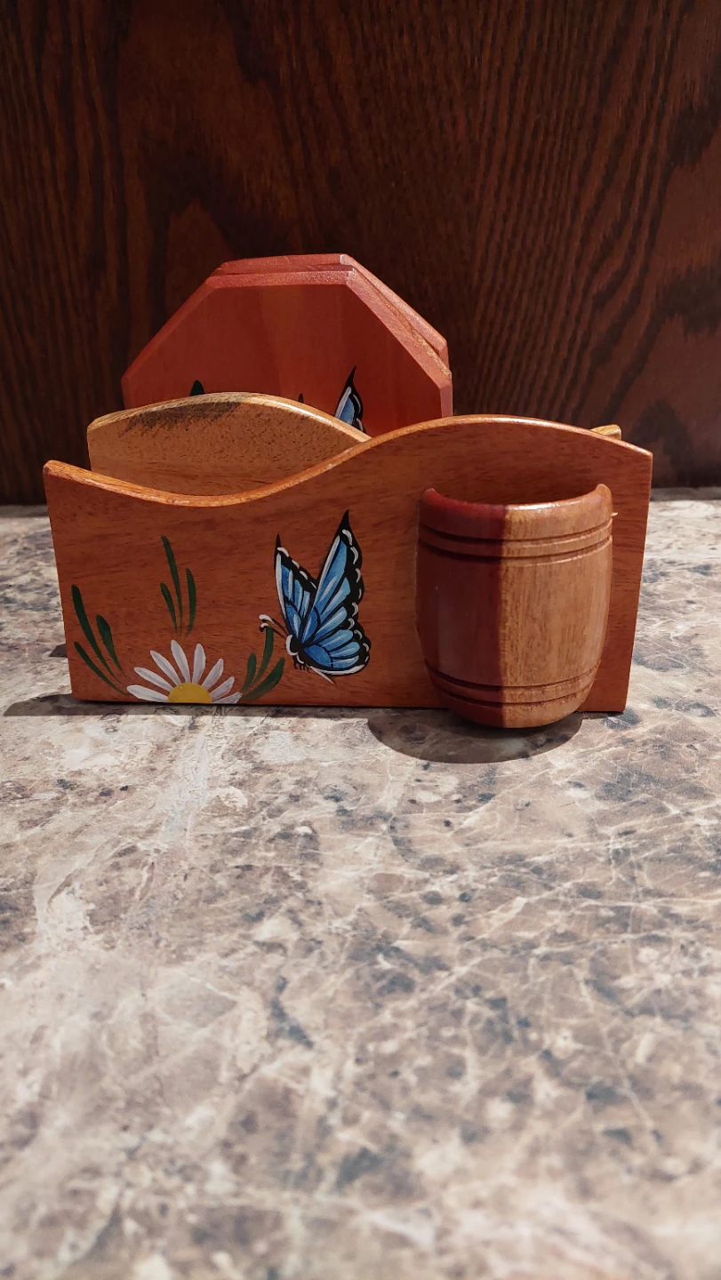 Hand-Painted Wooden Coaster Set with Holder