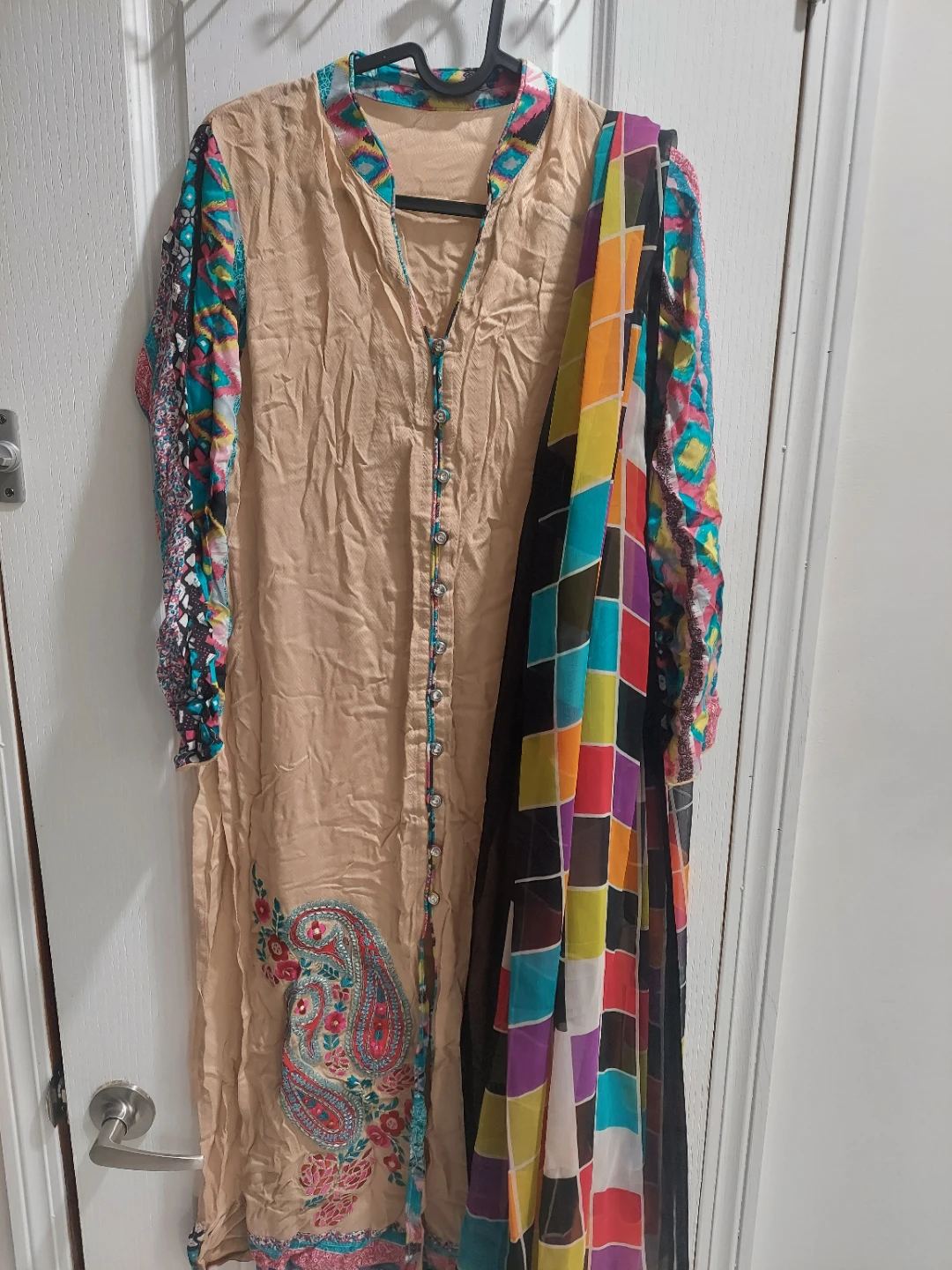 Beige Embroidered Kurti with Colourful Scarf