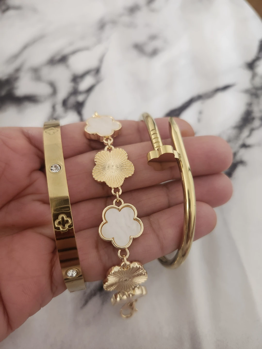 Gold Tone Bracelets - Flower and Nail Design