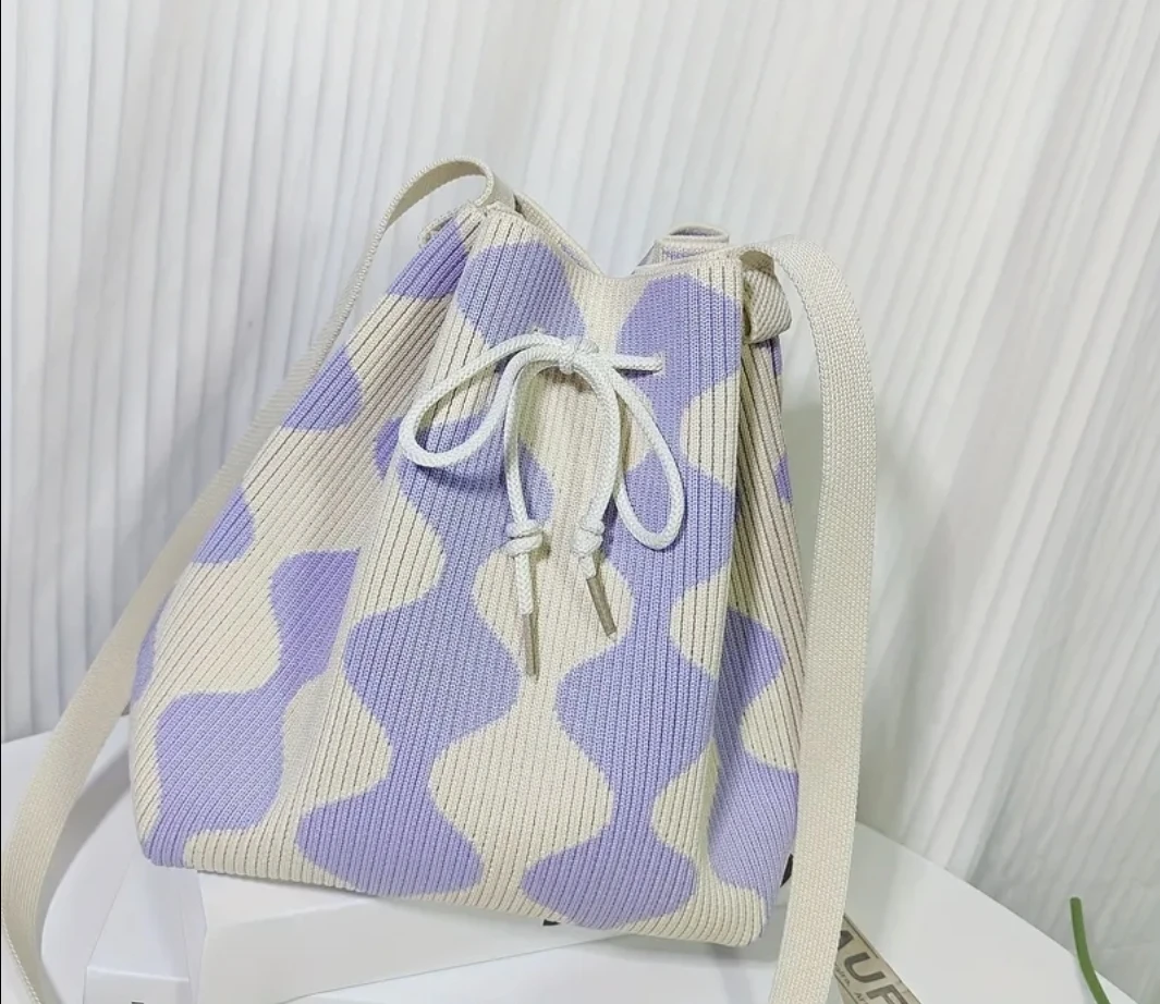 NEW Knitted Bucket Bag - Purple & Cream Pattern - photo 3