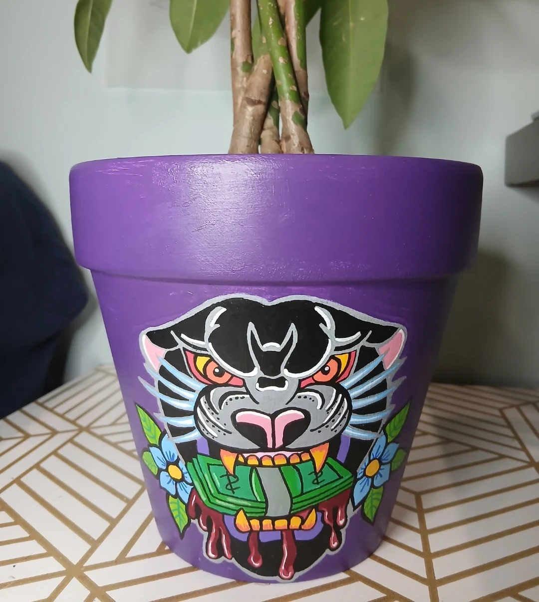 Hand painted Panther planter pot.