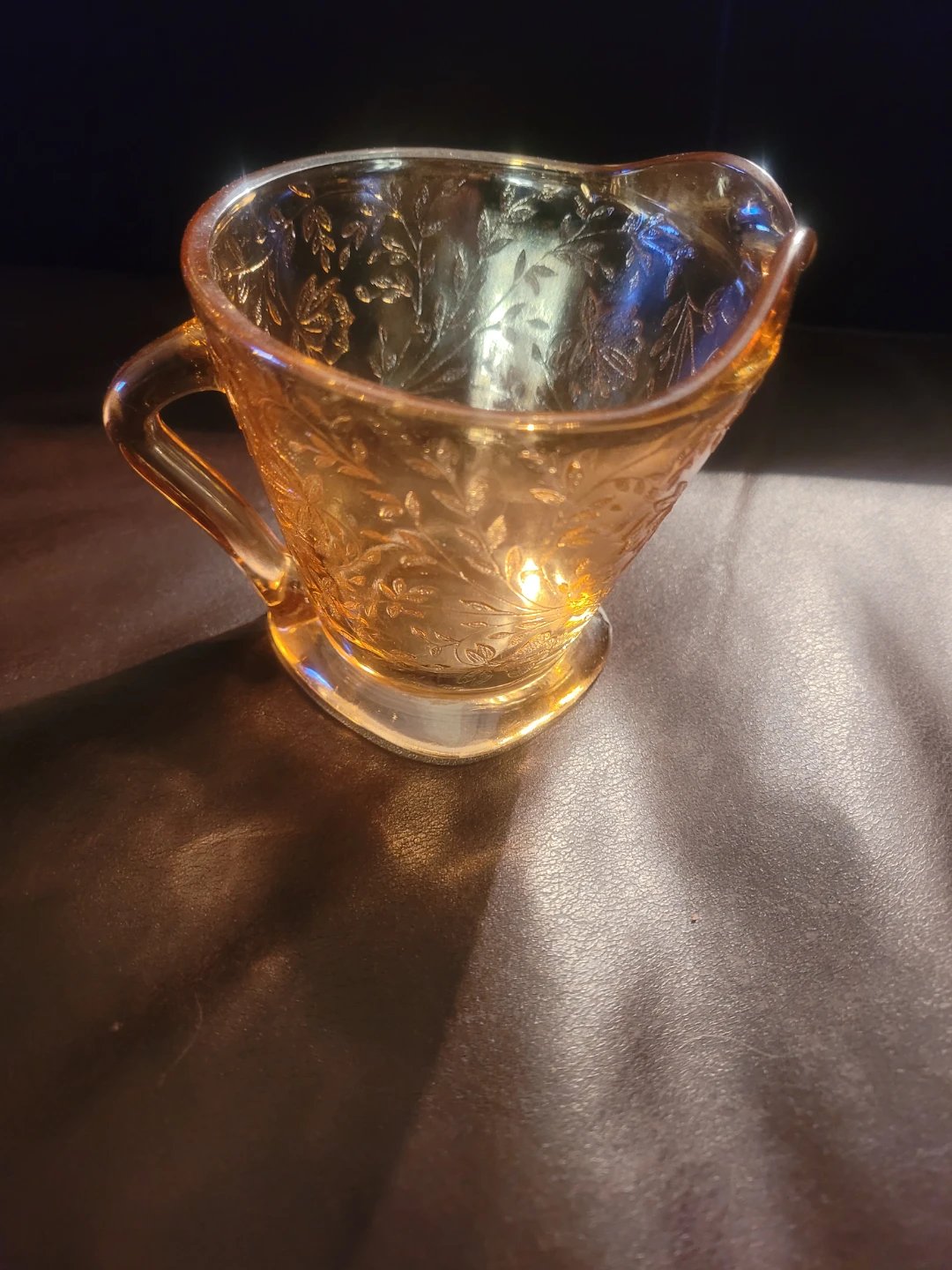1950s Amber Carnival Glass Creamer with Floral Etching