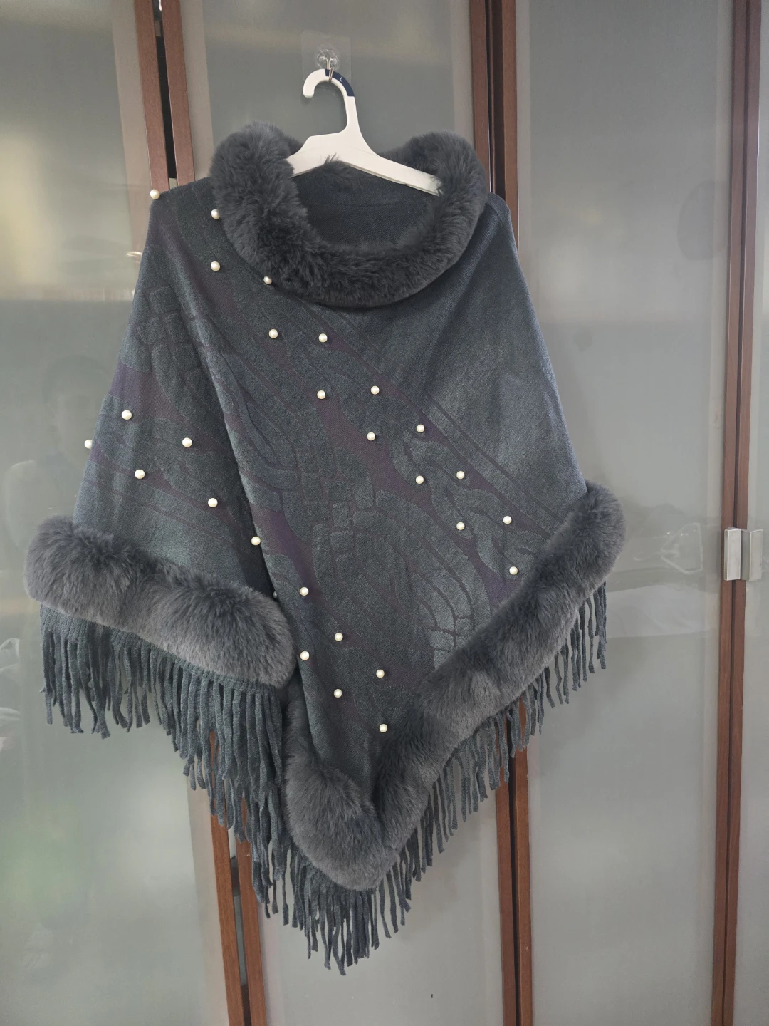 Grey Faux Fur Trimmed Poncho with Pearls